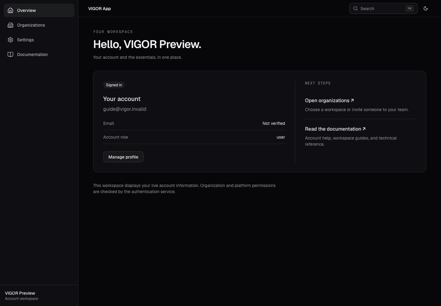 Signed-in desktop dashboard with sidebar, account verification state, and organization links