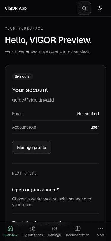 Mobile dashboard with account details, header search, and fixed bottom navigation