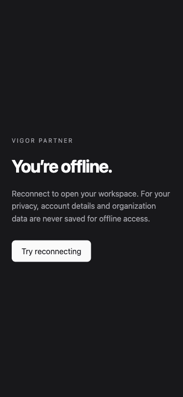 Mobile offline page explaining that private workspace data is not saved and offering Try reconnecting