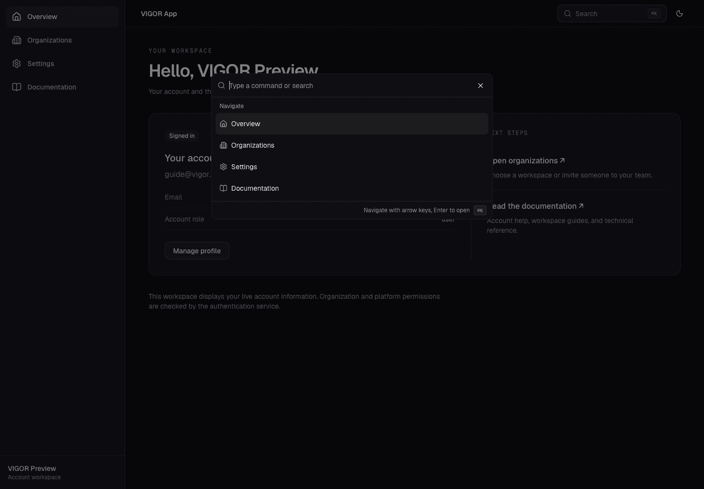 Global search dialog over the desktop dashboard with navigation results and keyboard instructions