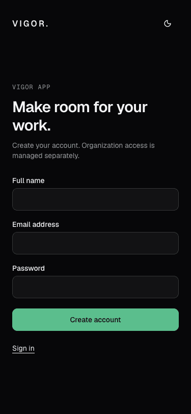 VIGOR account registration form with name, email, password, and Create account controls